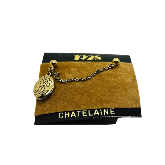 Vintage Jewelry - Chatelaine Locket Brooch Pin Vintage 1928 Womens Gold Tone Round Link Chain Mini